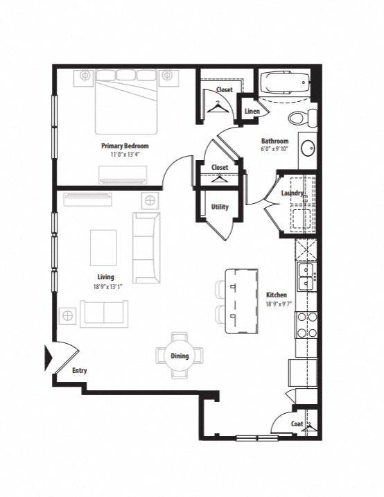 Floor plan for 1 bed, 1 bath, 816 sqft